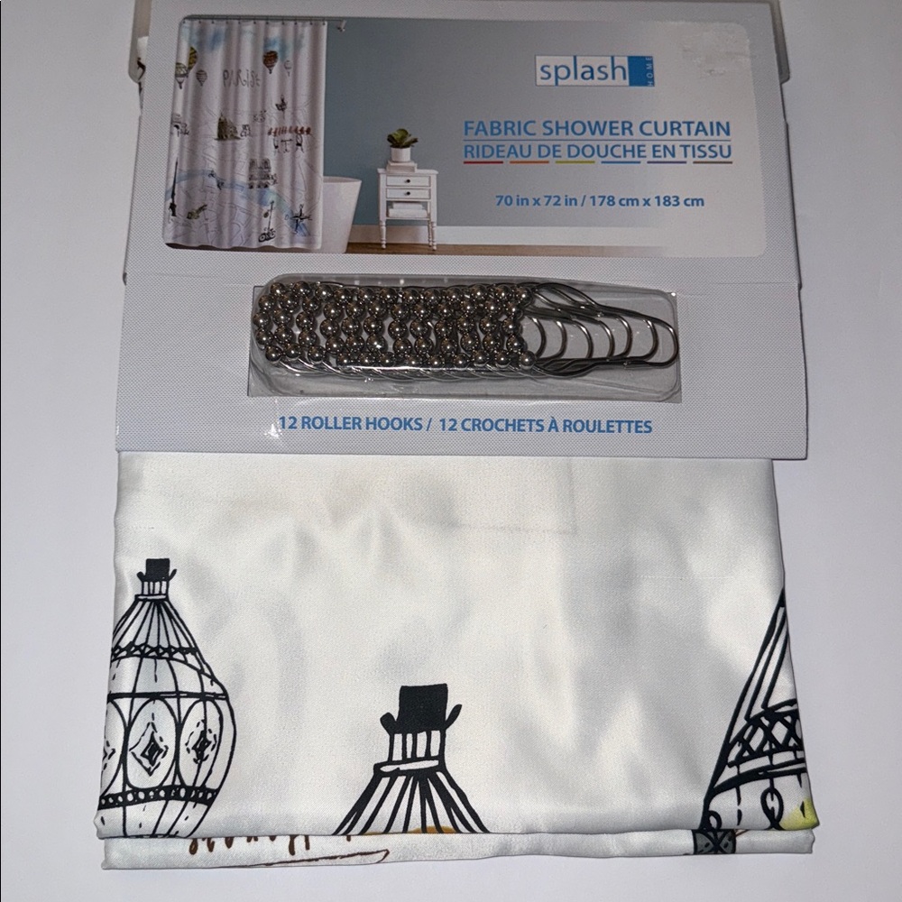 New Splash Polyester Shower Curtain 72” x 72” Paris Theme with 12 Roller Hooks